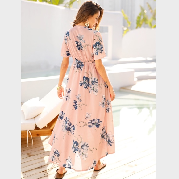 Boho Floral Long Dress Twist Front Pink - Picture 5 of 6